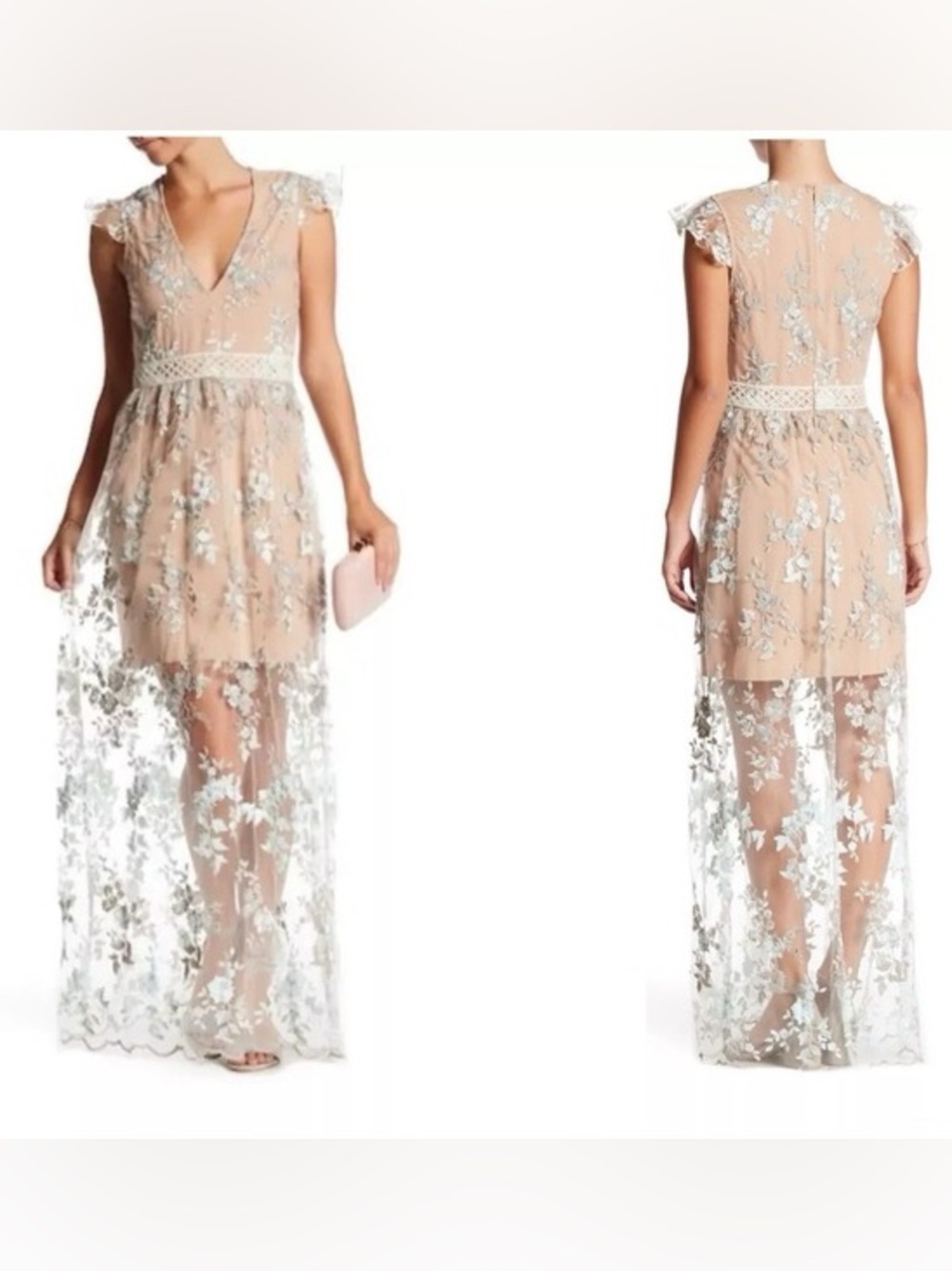 WAYF Oakfield Sheer Floral Overlay High-Low Dress in Nude and White